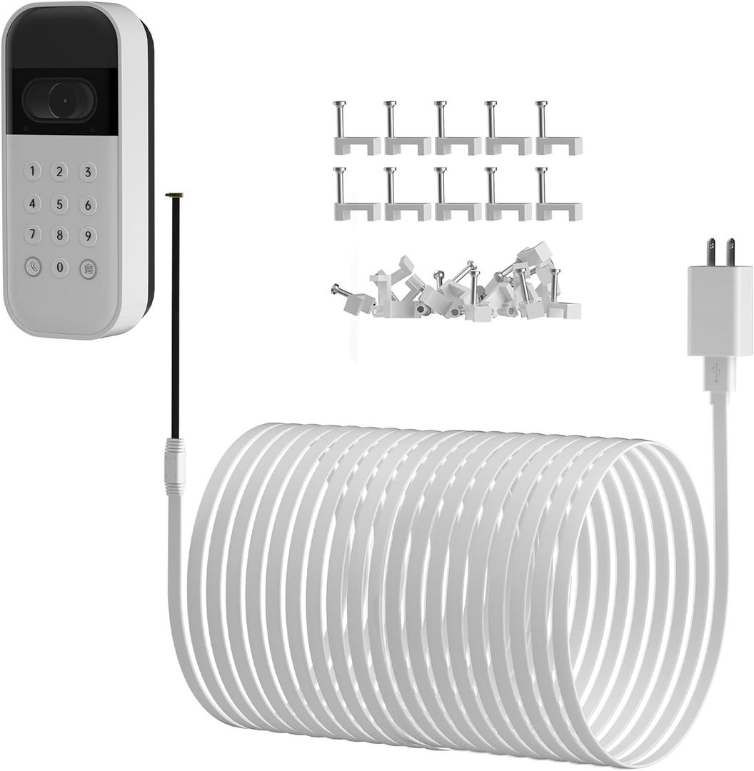 20ft/6m Outdoor Power Cable & Adapter for myQ Smart Garage Door Video Keypad  Weatherproof, Flat Cable, Continuous Charging, Includes 30 White Mounting Nails