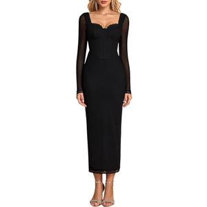 KUTUMAI Corset Lace Long Sleeve Formal Dress Back Slit Bodycon Fall Cocktail Wedding Guest Dresses, M