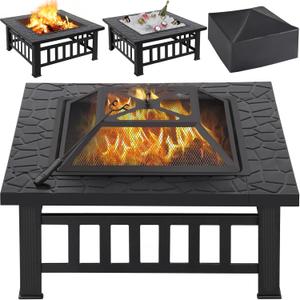 Yaheetech Multifunctional Fire Pit Table 32in Square Metal Firepit Stove Backyard Patio Garden Fireplace for Camping, Outdoor Heating, Bonfire and Picnic (Black)