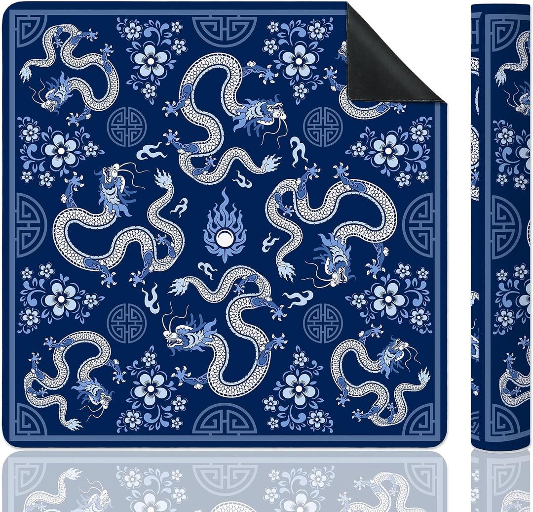 3 x Blue Chinese Dragon Mahjong Mat 31.5"x31.5", Traditional Oriental Chinoiserie Non-Slip Mahjong Mat Accessories for Dominoes Poker Card Board and Tile Games Gifts