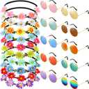 20 Pieces Hippie Headband Glasses Costume Set, Includes 10 Pieces Multicolor Daisy Flower Crown, 10 Pieces Round Hippie Sunglasses for Festival