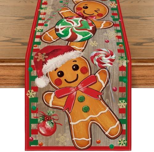 Artoid Mode Wood Gingerbread Candy Cane Christmas Table Runner, Seasonal Winter Kitchen Dining Table Decoration for Home Party Decor 13x90 Inch