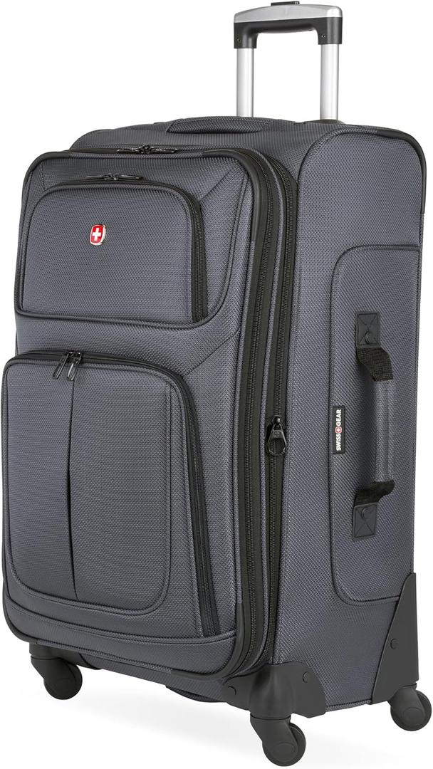 SwissGear Sion Softside Expandable Spinner Luggage Durable Lightweight Travel Suitcase, Dark Grey, Checked-Medium