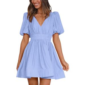 BWQ Women Mini Dress Short Puff Sleeve Sexy V Neck Dress A-line Elastic High Waisted Casual Flowy Summer Dresses BWQ Women Mini Dress Short Puff Sleeve Sexy V Neck Dress A-line Elastic High Waisted Casual Flowy Summer Dresses