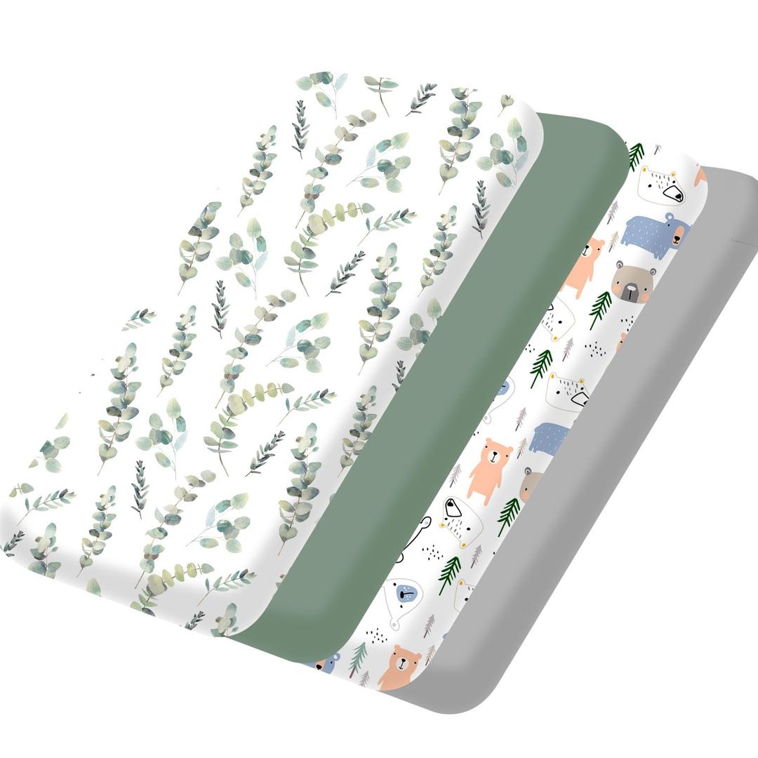 bimocosy Mini Crib Sheets,Pack and Play Sheets for Baby Boy Girl 4 Pack,Size 38"x 26" for Playard Mattress,Portable Mini Crib,Soft Pack N Play Sheets Fitted,Leaf/Bear/Gray/Green (Leaves)