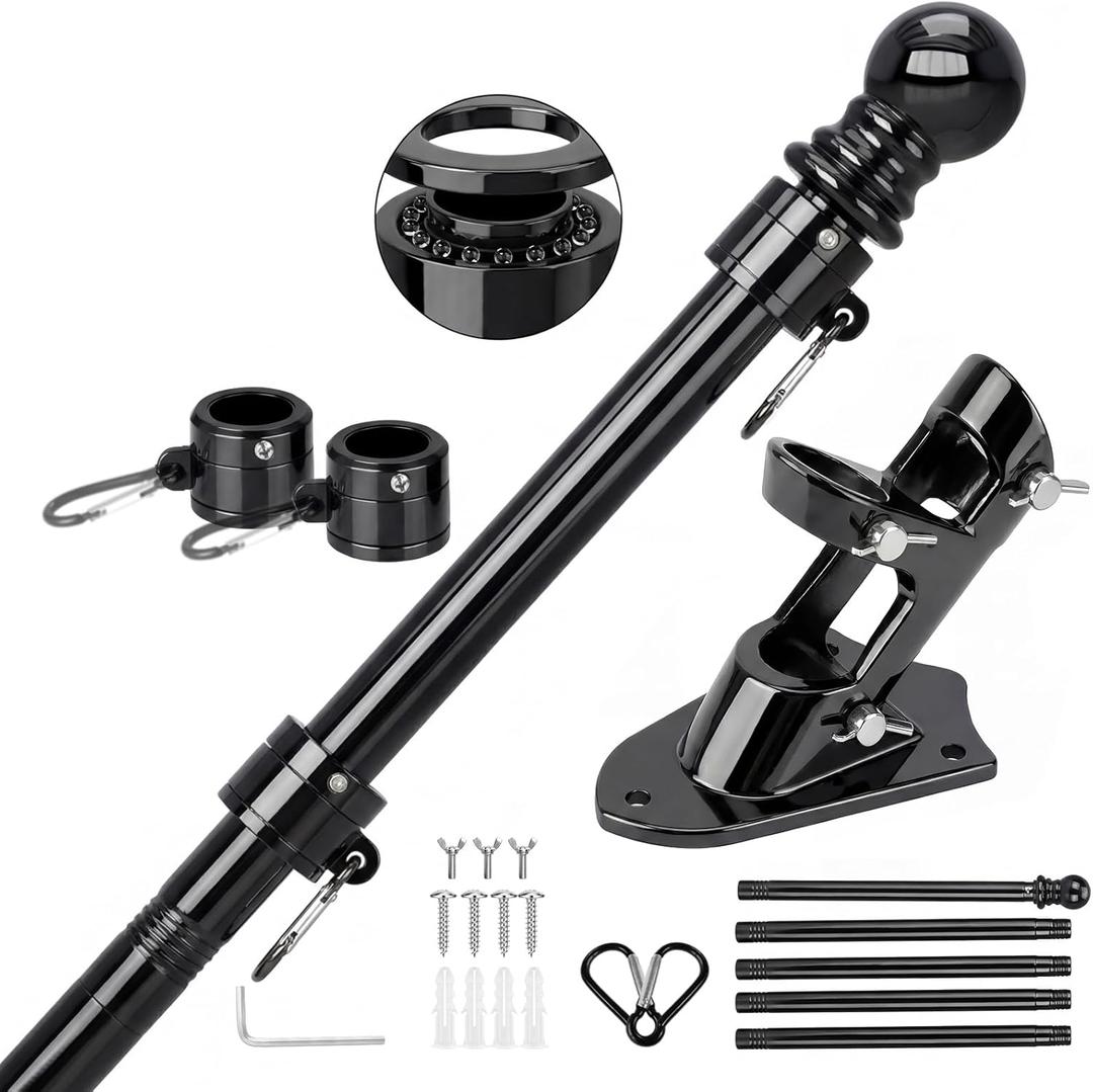 Black Flag Pole for Outside House, 6 FT Stainless Steel No Tangle Spinning Residential Flagpoles & Two-Position Flag Pole Holder Brackets Mounting for USA Outdoor Flags for Porch(Without Flag)