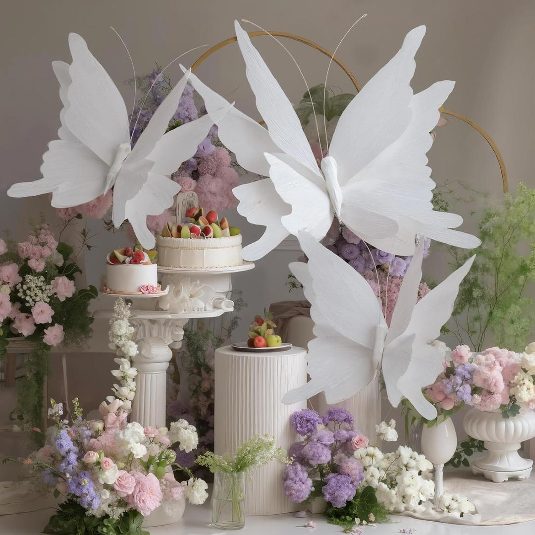 Honoson 3 Pcs Large Butterfly Party Decorations Hanging 3D Crepe Paper Butterfly Decoration Giant Supply for Wedding Party Birthday Baby Shower Garden Wall (White, 11inch, 20 Inch)