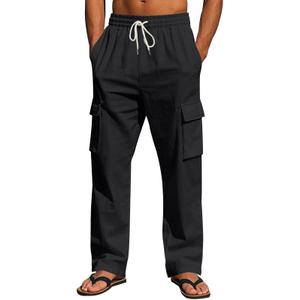 Men's Casual Cargo Pants Relaxed Fit Elastic Waist Drawstring Side Cargo Pockets Trouser Lightweight Work Pants (3X-Large, Black)