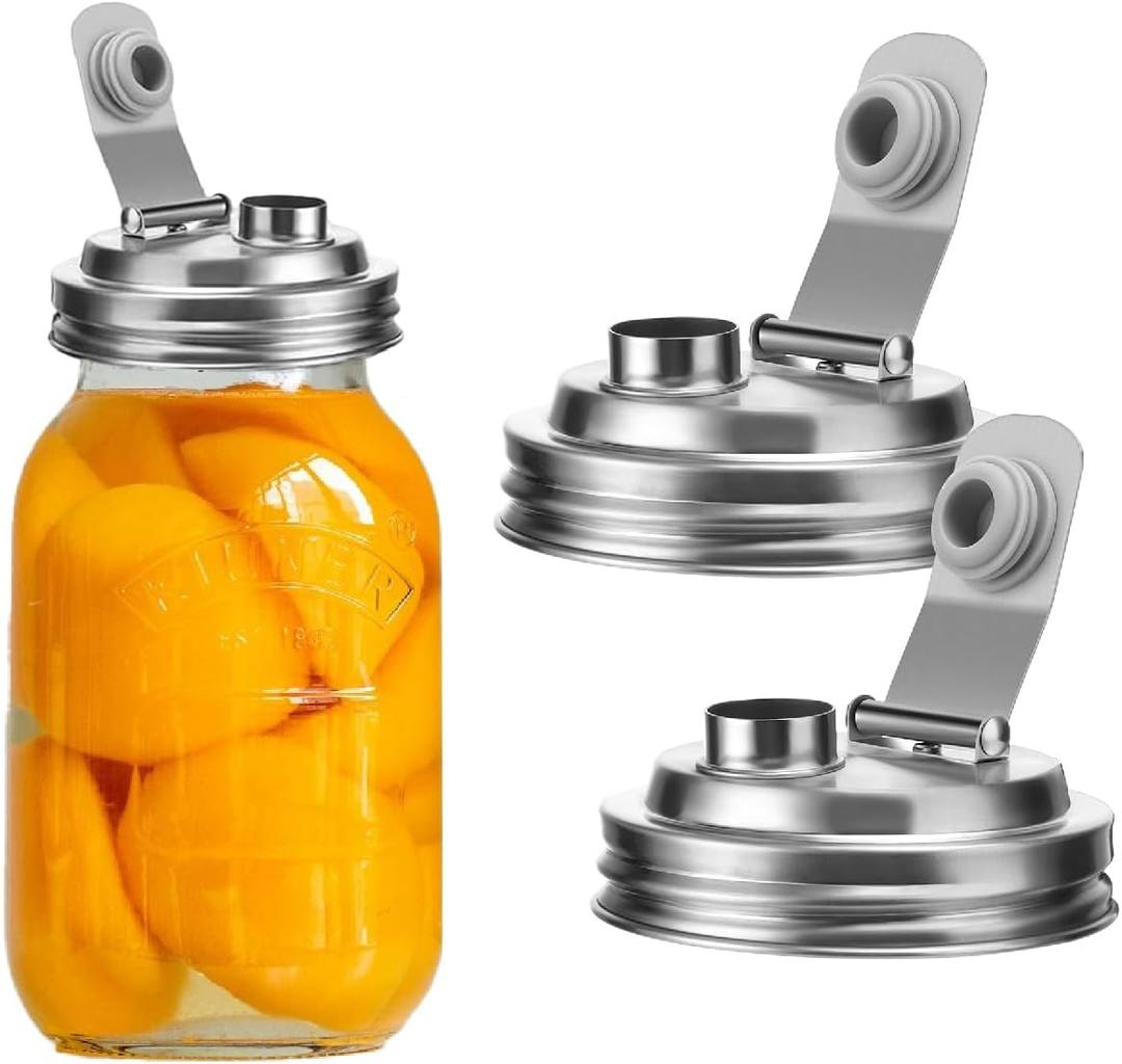 Mason Jar Pour Spout Lid Stainless Steel,Pour Spout Flip Cap Lids for Mason Jars,No Rust Leaking Proof for Home Brewing Fruit Fermenting Drinks Airtight(2PCS) (Wide Mouth)