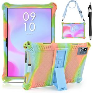 DETUOSI Okaysea 10.1 inch Silicone Tablet Case with Stylus Pen & Shoulder Strap, Moderness 10.1" Case, Soft Portable Protective Cover for QunyiCO 10.1, Azeyou Tab 6 10 inch, Orange Pink & Blue