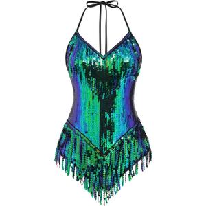 IBAKOM Sexy Sequins Fringe Bodysuit Halter Lace Up Back Jazz Latin Dance Tassel Leotard Acrobat Costume Rave Concert Outfits (Small, Green+ blue)
