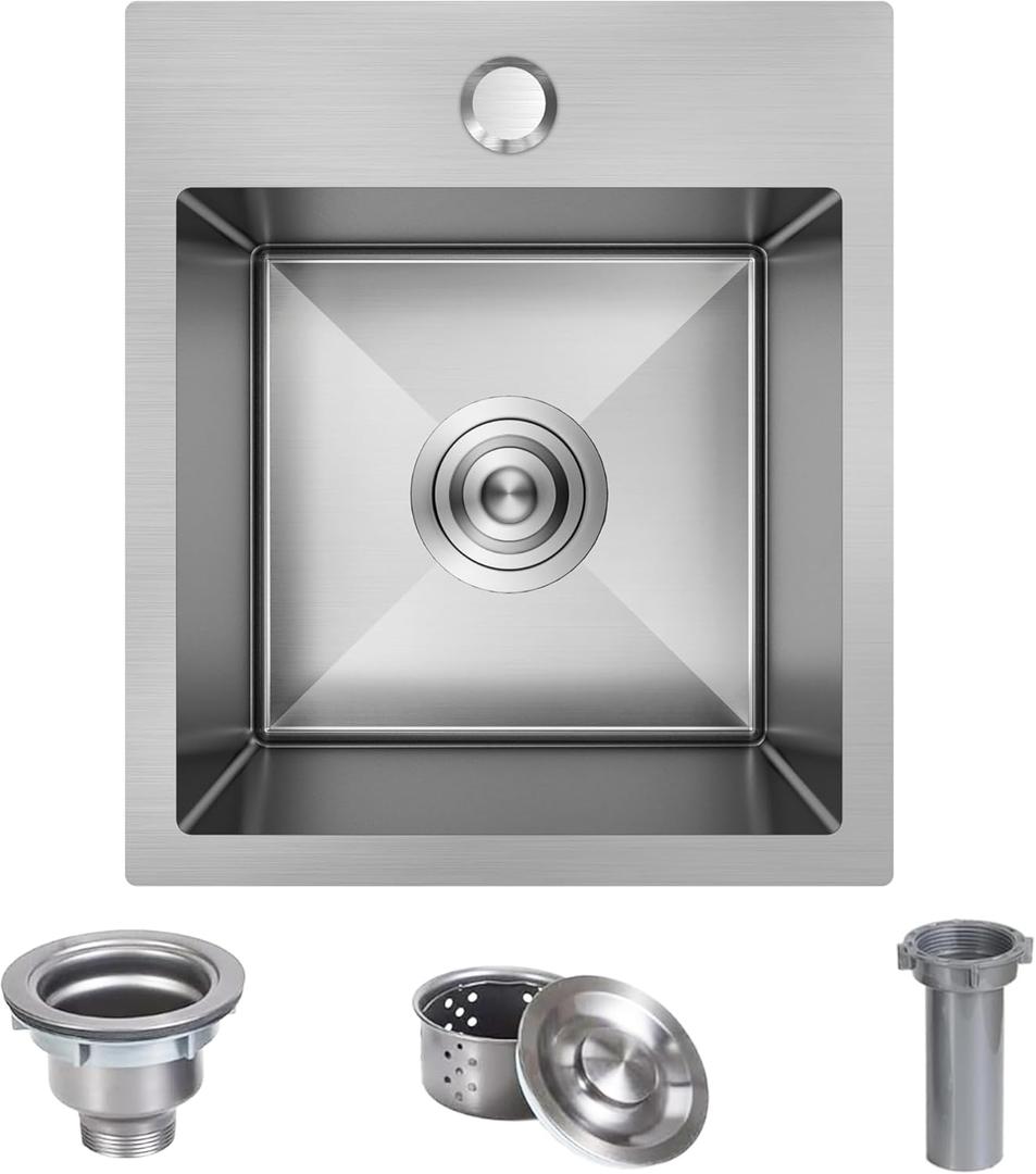 13 x 15 Inch Drop In Bar Sink, Small Kitchen Sink Single Bowl Topmount Bar Prep Sink 18 Gauge Stainless Steel Bar Sink with Basket Strainer
