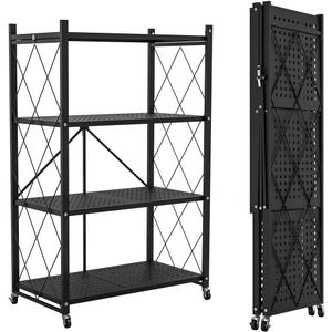 Lifetime Home 4-Tier Foldable Storage Shelf with Wheels - Metal Rack Collapsible Shelving Unit Display, Rolling Cart for Books Kitchen Storage Shelves, Pantry & Closet Organizer, Office Room Decor (Black)
