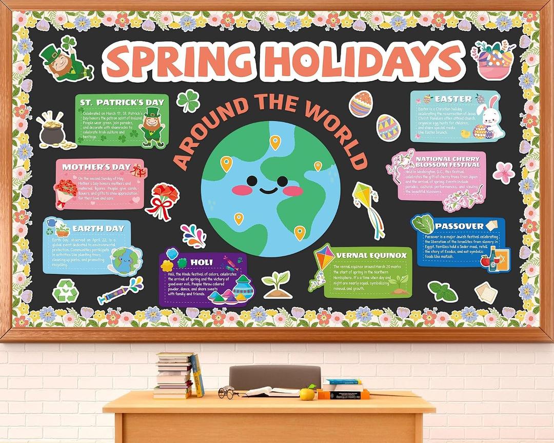 Earth Day Bulletin Board Decoration Spring Holidays Around The World Board with Easter St. Patricks Mothers Earth Day Passover Holi Cutouts for Classroom Office Home Nursery Chalkboard Wall Decor