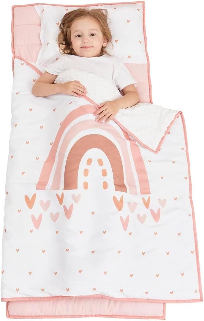 Extra Large Toddler Nap mat by Cokouchyi, Toddler Sleeping Bag with Removable Pillow, Measures 53 x 21 x 1.5 Inches, Sleeping Mat, Ideal for Daycare and Preschool Kindergarten (Rainbow)