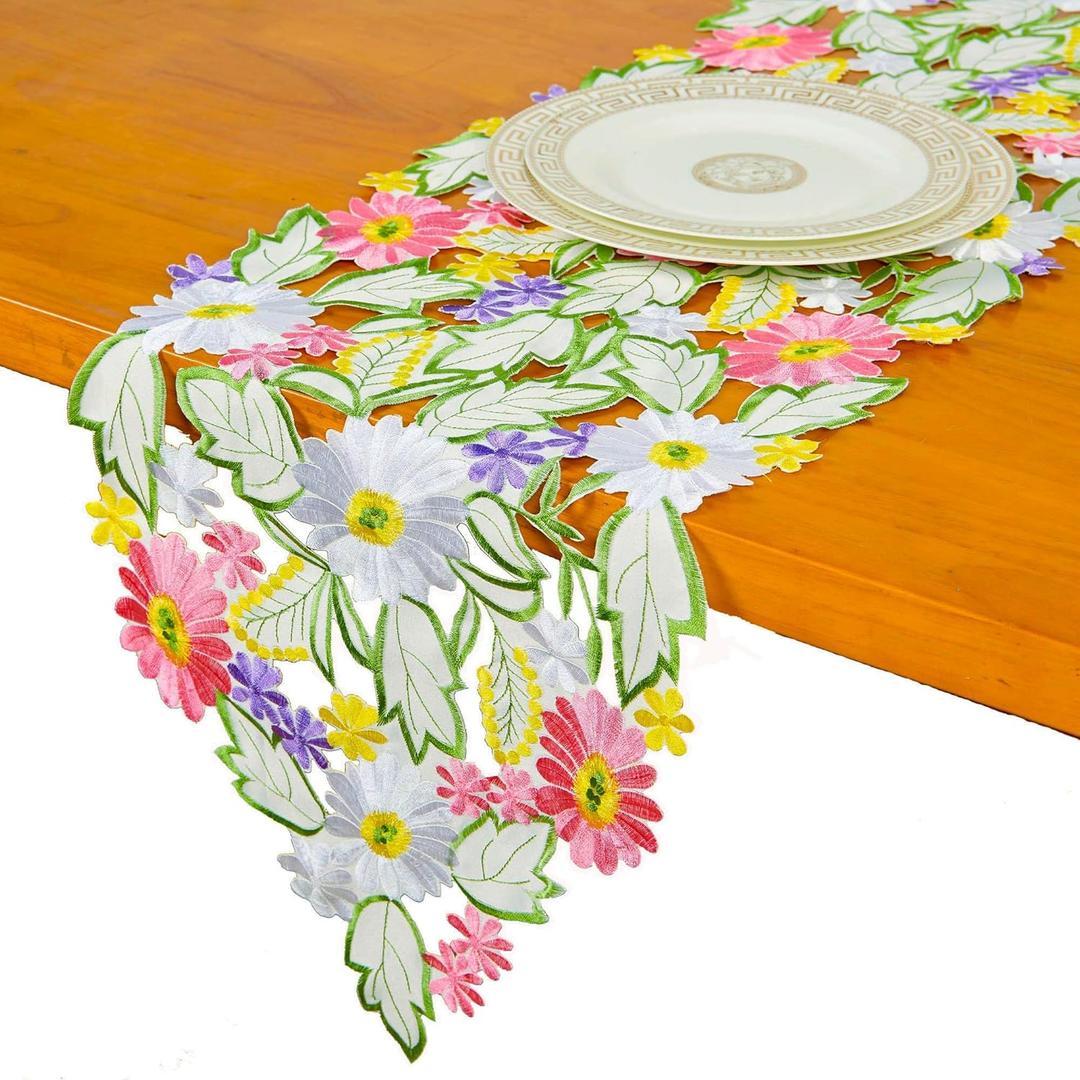Spring Daisy Table Runners Embroidered Flowery Applique Floral Cutwork Table Linen for Home Decoration (13 X 54 Inch)
