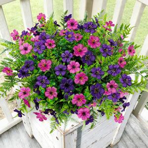 Artificial Flowers for Outdoors Decoration, 16 Bundles Silk Fake Flower with Ferns UV Resistant No Fade Faux Plants for Home Outside Planter Porch Patio Window Box Decor (Purple Rose Red)
