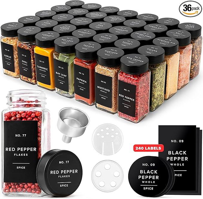 Glass Spice Jars with Label and Black Lids (36 x 4oz) Spice Containers with 240 Labels, Shaker Inserts, Steel Funnel, Empty Square Empty Square Seasoning Organizer