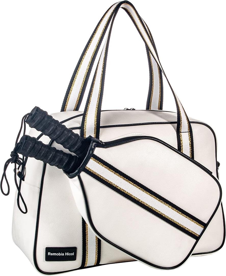 PU Leather Women Sports Shoulder Gym Bag Pickleball Duffle Bag Pickleball Tote Bag with Front Pocket for 2 Paddles, Inner Storage Pockets, Mesh Water Bottle Holder and Adjustable Shoulder Strap (White)