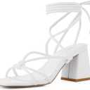 Shoe'N Tale Lace Up Heels for Women Ankle Strappy Gladiator High Heeled Sandals Chunky Block Heel Square Open Toe Criss Cross Dress Shoes (8.5, White)