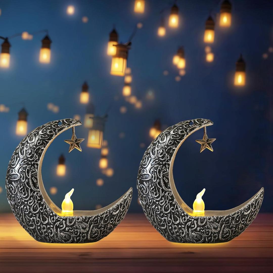 Hying 2 Pieces Ramadan Lanterns Decoration Eid-ul-fitr Table Lamp Eid Mubarak Flameless Candle Lanterns Ramadan Moon Star Lamp for Home Tabletop Decor, Sliver/Black