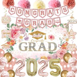 Holkcog 2025 Graduation Decorations, Pink Class of 2025 Congrats Graduation Floral Backdrop, Balloons, Paper Pompoms For Graduation Party Decorations, Outdoor Indoor Grad Party Decorations Supplies