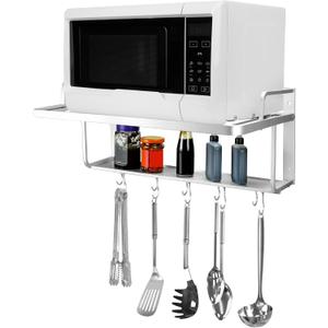 QWORK Microwave Oven Rack Shelf, Wall Mount Electric Oven Holders, Aluminum Double-Layer Microwave & Spice Rack, 2 Shelves with 10 Hooks, Support Load 88lbs, 21.65"x15"x9.84"