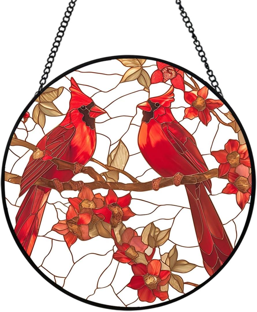 Stained Glass Style Cardinal Suncatcher, 7.87 Inch (20cm) Round Real Glass Window Hanging with Gift Box and Chain, Bird Decor Gift