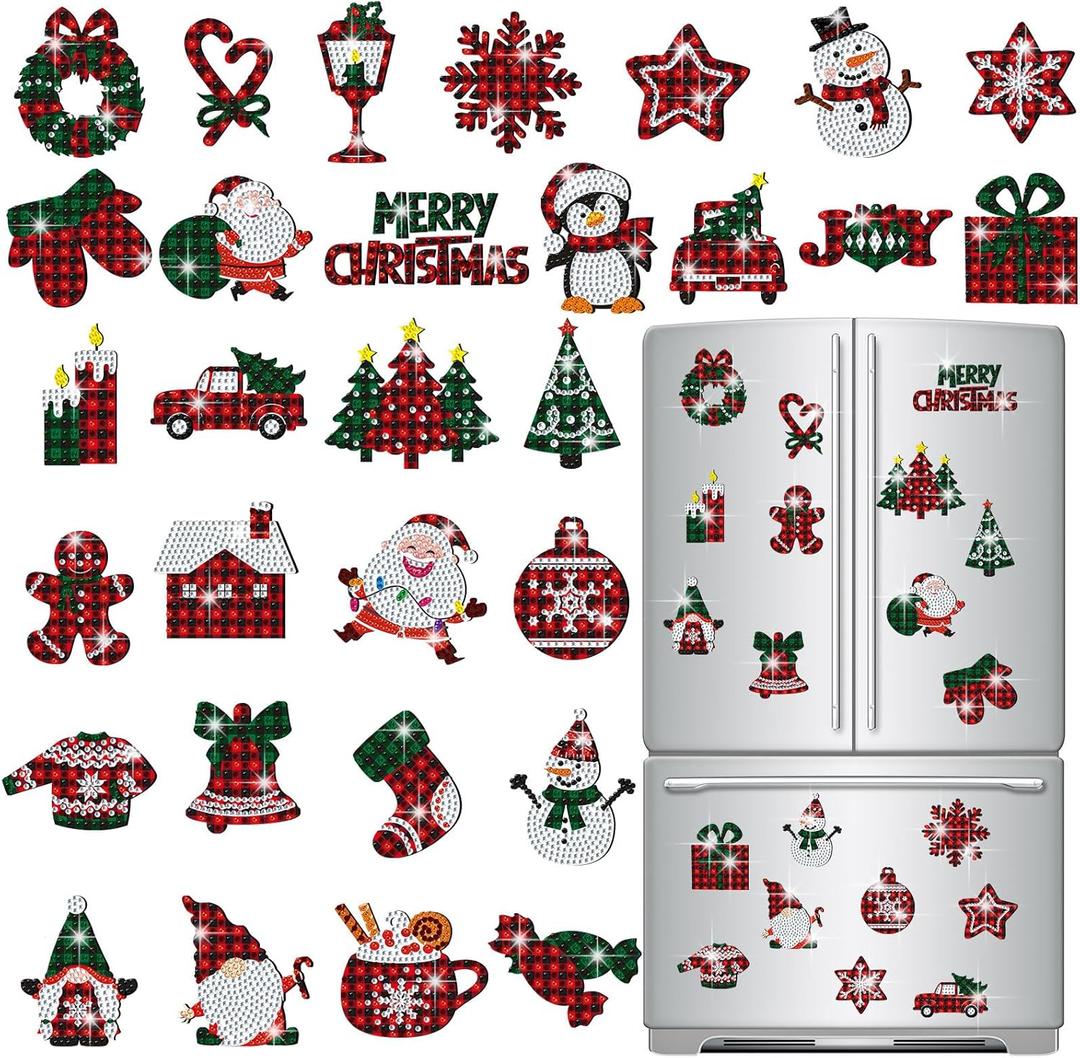 30 Pcs Christmas Diamond Art Magnets Kits DIY Buffalo Plaid Diamond Art Fridge Magnetic Stickers Xmas Gem Magnets for Beginners Holiday Decor Home