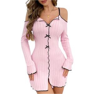 RoseSeek Women's Bow Nightgowns Lettuce Trim Cold Shoulder Slip Dress Ribbed Knit Sleepwear (Pink, M)