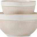 Ceramic Large Glazed White Stripe Mixing Bowls for Kitchen, Set of 2 Big Serving Bowls for Cooking, Popcorn, Salad, Soup, Baking, Dough Bread Making Bowl, 10 Inch + 8 Inch