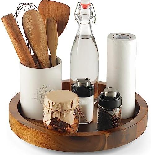 TIDTIA 10" Acacia Wood Lazy Susan Organizer for Cabinet - Round Lazy Susans Turntable for Countertop - Wooden Kitchen Rotating Storage Food Bin Container for Centerpiece Table, Spices, Pantry