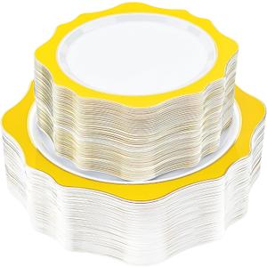realluck 100 PCS White and Yellow Disposable Plates for 50 Guests, Scalloped Plastic Plates Include 50 Dinner Plates and 50 Dessert Plates for Party, Wedding
