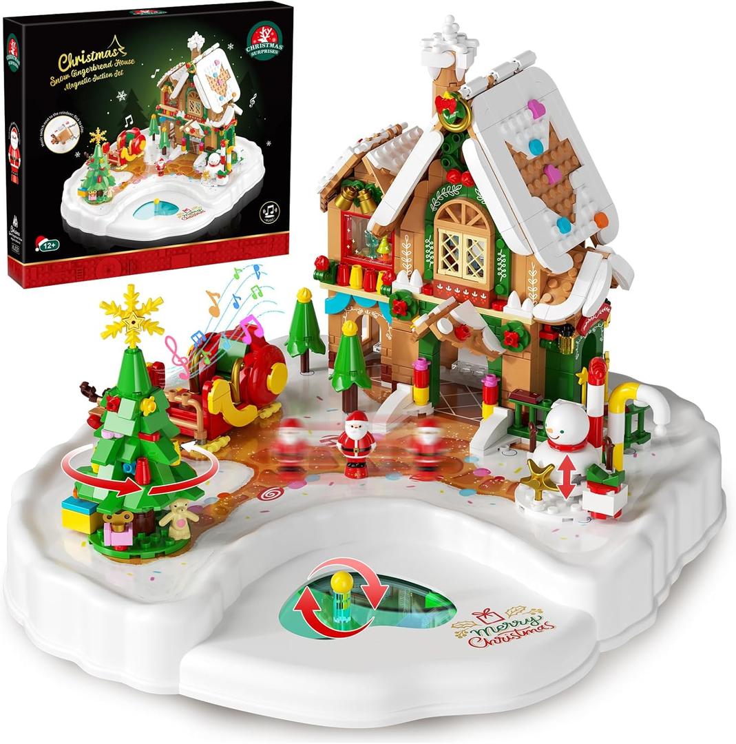 Christmas Gingerbread House Building Set with Magnetic Base, Magnetic Santa Claus Interactive Christmas Tree with Music and Snowmen Building Block Toy Holiday Train Gift for Kids or Adults