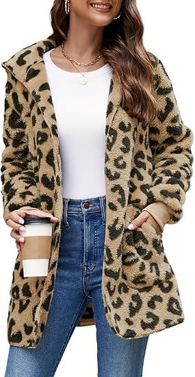 Yanekop Womens Fuzzy Fleece Jacket Open Front Hooded Cardigan Sherpa Outerwear Warm Coats with Pockets, Size XL