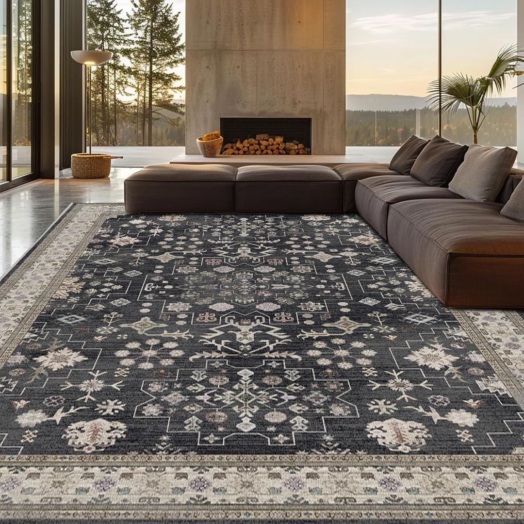 8x10 Washable Area Rugs for Living Room, Non-Slip Stain Resistant Soft Vintage Extra Large Area Rug, Low Pile Indoor Boho Rug for Bedroom Dining Room Farmhouse (Charcoal Blush Ivory)