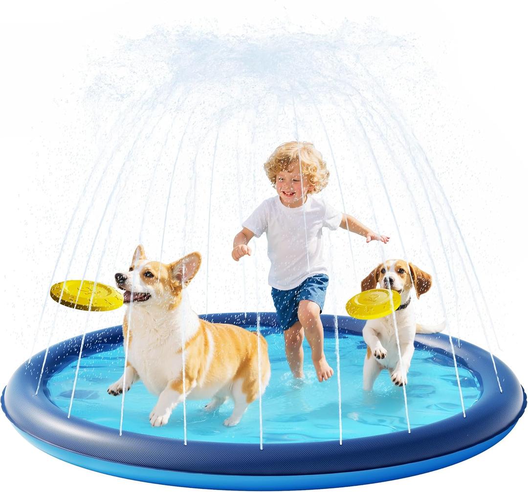 QPAU Splash Pad with Flying Disc for Dogs & Kids  67" Extra-Thick 0.52mm Non-Slip Sprinkler Pool, Leakproof Water Play Mat for Toddlers, Babies, Pets, Outdoor Summer Toy (Blue)
