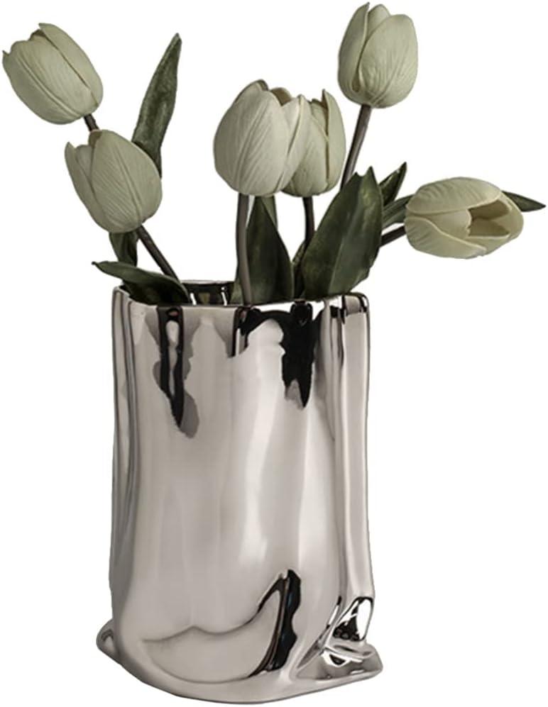 Ceramic Vase for Flowers, Nordic Flower Vase Modern, Decorative Vase with Electroplating Silver Finish, Irregular Clay Vase Small for Living Room Table Home Decor 