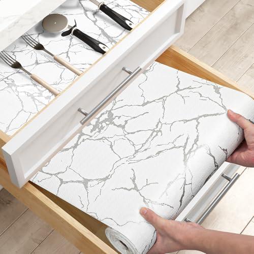 Shelf & Drawer Liner, Non-Adhesive Strong Grip Thickened Kitchen Cabinet Liner, Waterproof Easy to Clean Shelf Paper for Dresser, Pantry, Bathroom, Cupboard (Silver Marble, 12Inch x 120Inch)