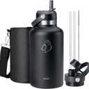 64oz Insulated Water Bottle with Straw Spout Lid, BUZIO Half Gallon Stainless Steel Thermo Flask with Carrying Pouch, Double Wall Vacuum Wide Mouth Leak Proof Tumbler Mug Metal Canteen, Black