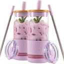Pandaloo Glass Cups With Lids and Straws -20 Fl Oz- Perfect Size Iced Coffee Cup - Smoothie Cup With Bamboo Lid and On the go Lid - Glass Tumbler (2 Count (Pack of 1), Lilac Rhapsody-Lilac Rhapsody)