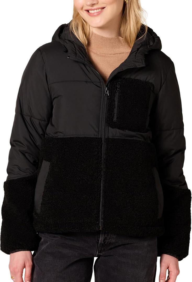 Amazon Essentials womens Full-Zip Sherpa Fleece Hooded Puffer Jacket (X-Small, Black)