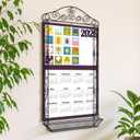 Zonon Wrought Iron Wall Display Organizer Metal Calendar Holder with Basket 18 x 32 Inches Multi Purpose Wall Mounted Holder Vertical Poster Hanger for Canvas Artwork Diamond Painting Display(Flower)
