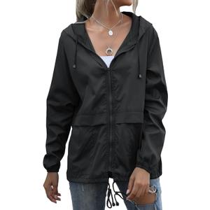 Women's Waterproof Raincoat Lightweight Rain Jacket Hooded Windbreaker with Pockets for Outdoor (Black, L)