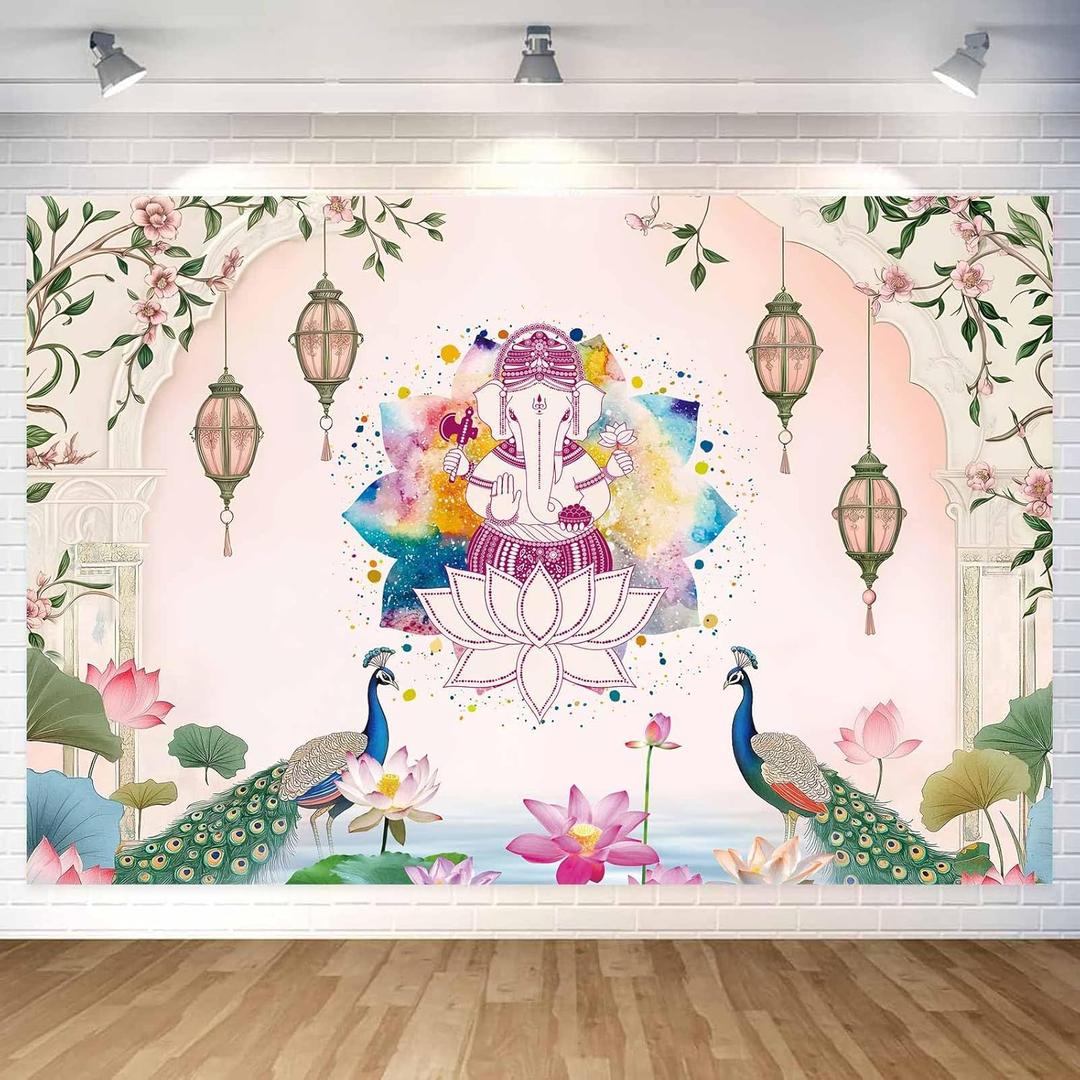 India Pooja Traditional Backdrop Pink Background with Rainbow Ganesha Peacock Lotus for Wedding Party Photography Props 10x8ft