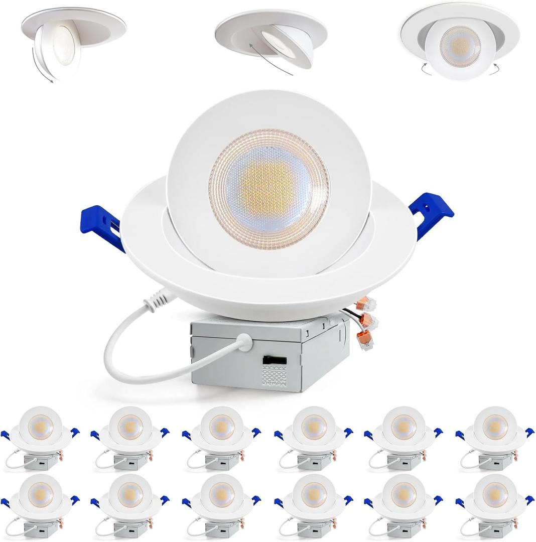 Adetu Recessed Lighting 6 inch, 360+90 Adjustable Directional 6 inch Gimbal Led Recessed Light, 2700K-5000K 5CCT Dimmable Retrofit Eyeball Can Recessed Lights with Jbox, ET (White-12 Pack)