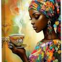 QIXIANG Black Girl Canvas Wall Art African American Picture Wall Decor Black Woman and Coffee Painting Prints Living Room Decor Framed(Brown,24L x 16W)
