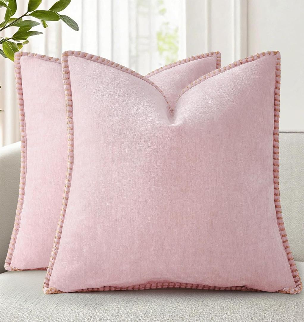 decorUhome Summer Chenille Soft Cozy Throw Pillow Covers 16x16 Set of 2, Modern Farmhouse Boho Velvet Decorative Pillow Cases with Stitched Edge for Couch Sofa Bed Home Decor, Blush Pink