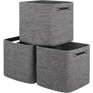 Storage Cube 3 Pack, Woven Rope Storage Baskets for Organizing, 11*11 Inches Shelf Basket|Cube Storage Bin|Square Baskets for Living Room, Baby Nursery Room-Black