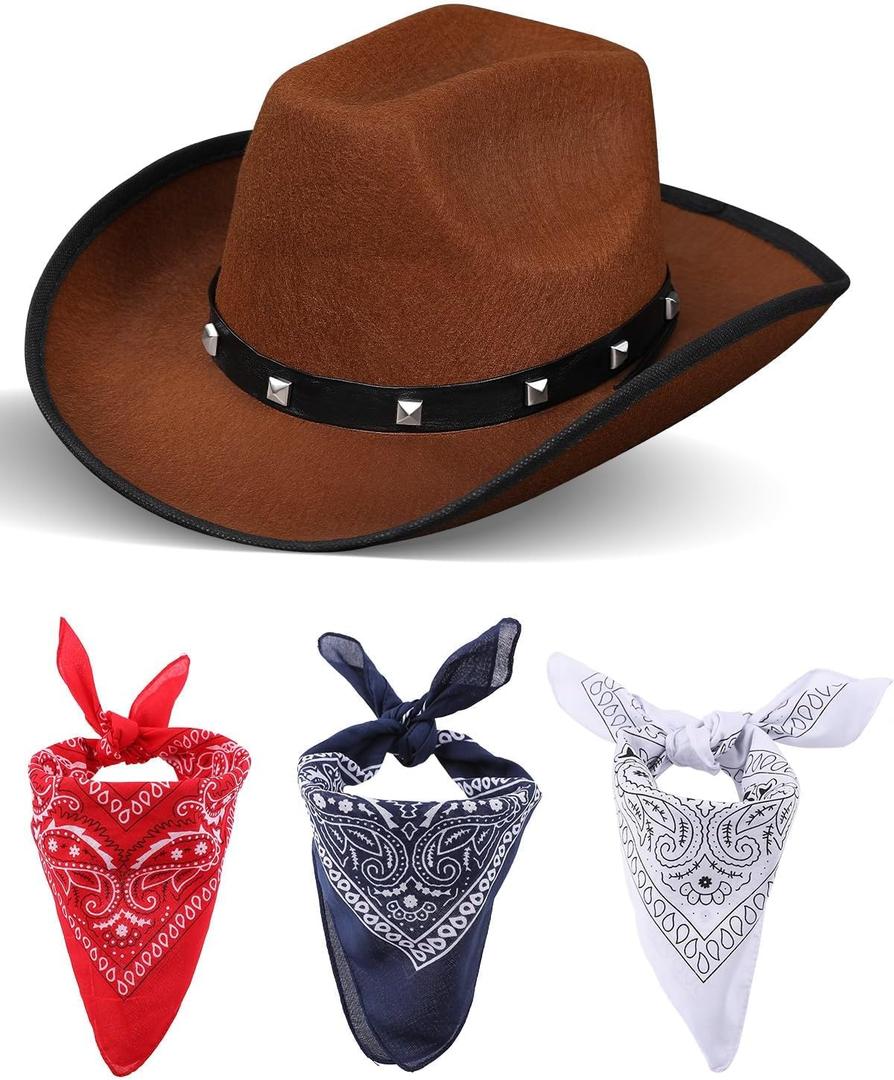 ROC PARTY Western Cowboy & Cowgirl Felt Hat with 3 Pcs Bandanas - Wild West Costume Accessory Set for Halloween & Dress-Up